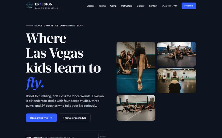 Cobalt palette, display type, collage hero