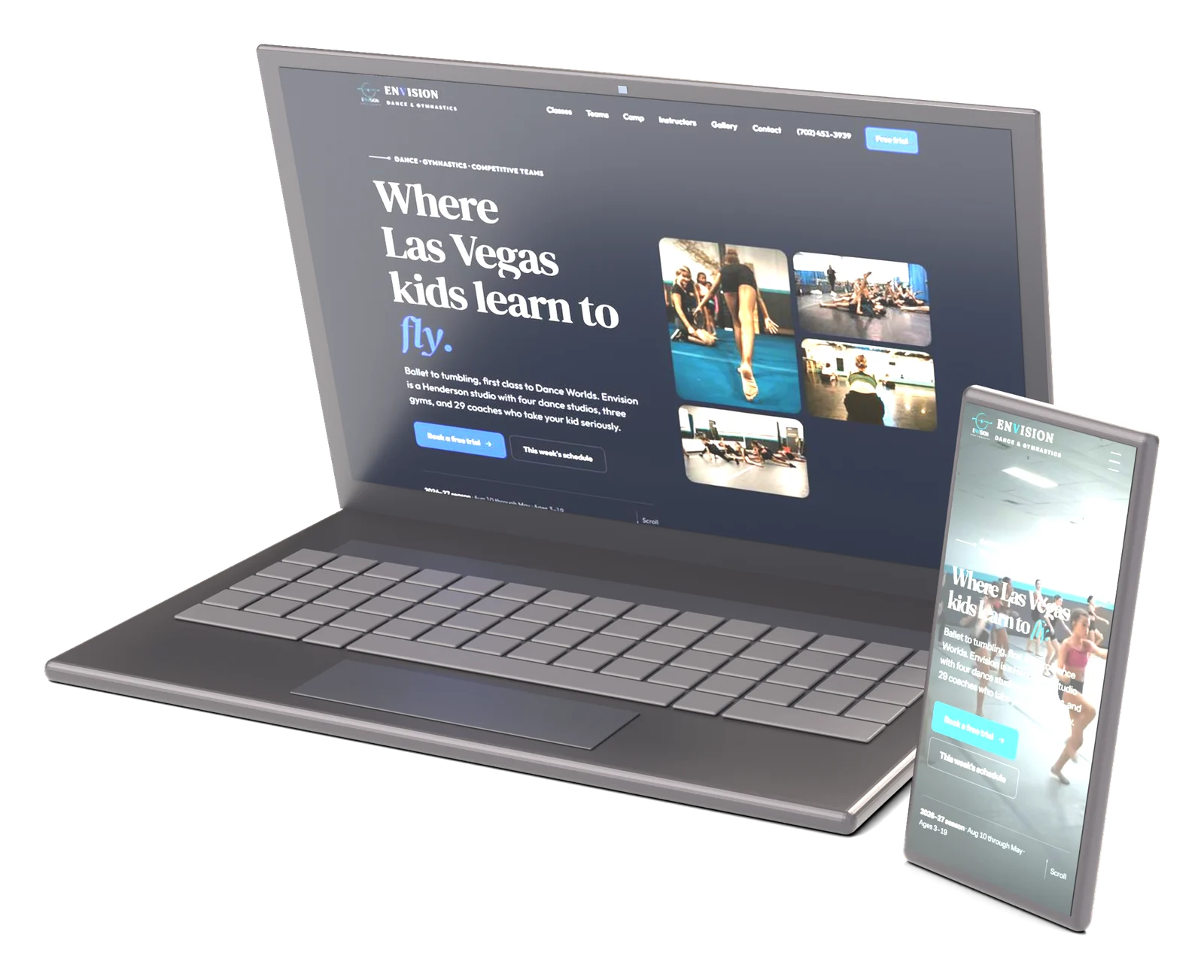 The dance studio site on a laptop and a phone